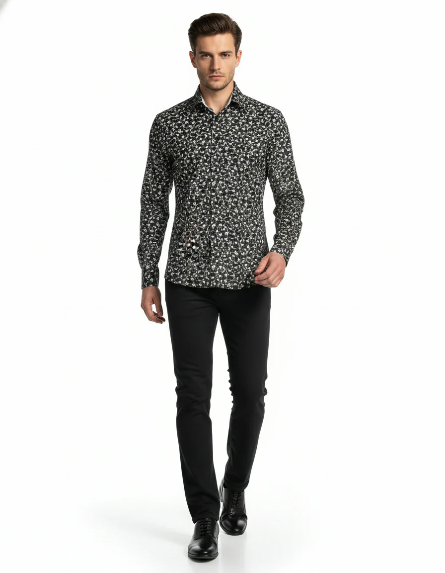 Cotton/Stretch Floral Print Sport Shirt - Black - Image 2