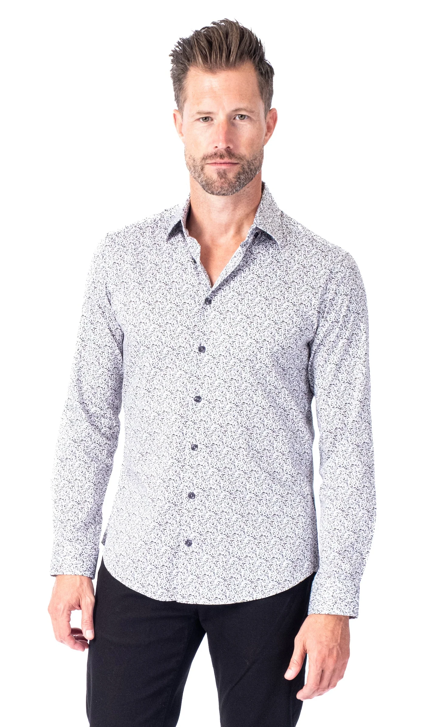 Cotton/Stretch Paisley Woven Sport Shirt - Black