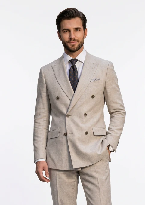 Double-Breasted Extreme Slim Fit Plaid Suit - Beige