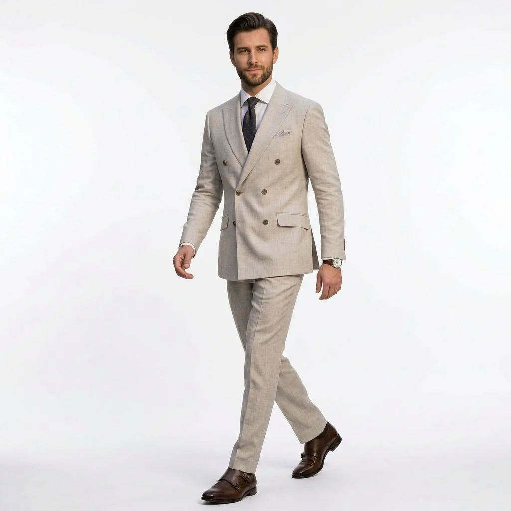 Double-Breasted Extreme Slim Fit Plaid Suit - Beige - Image 2