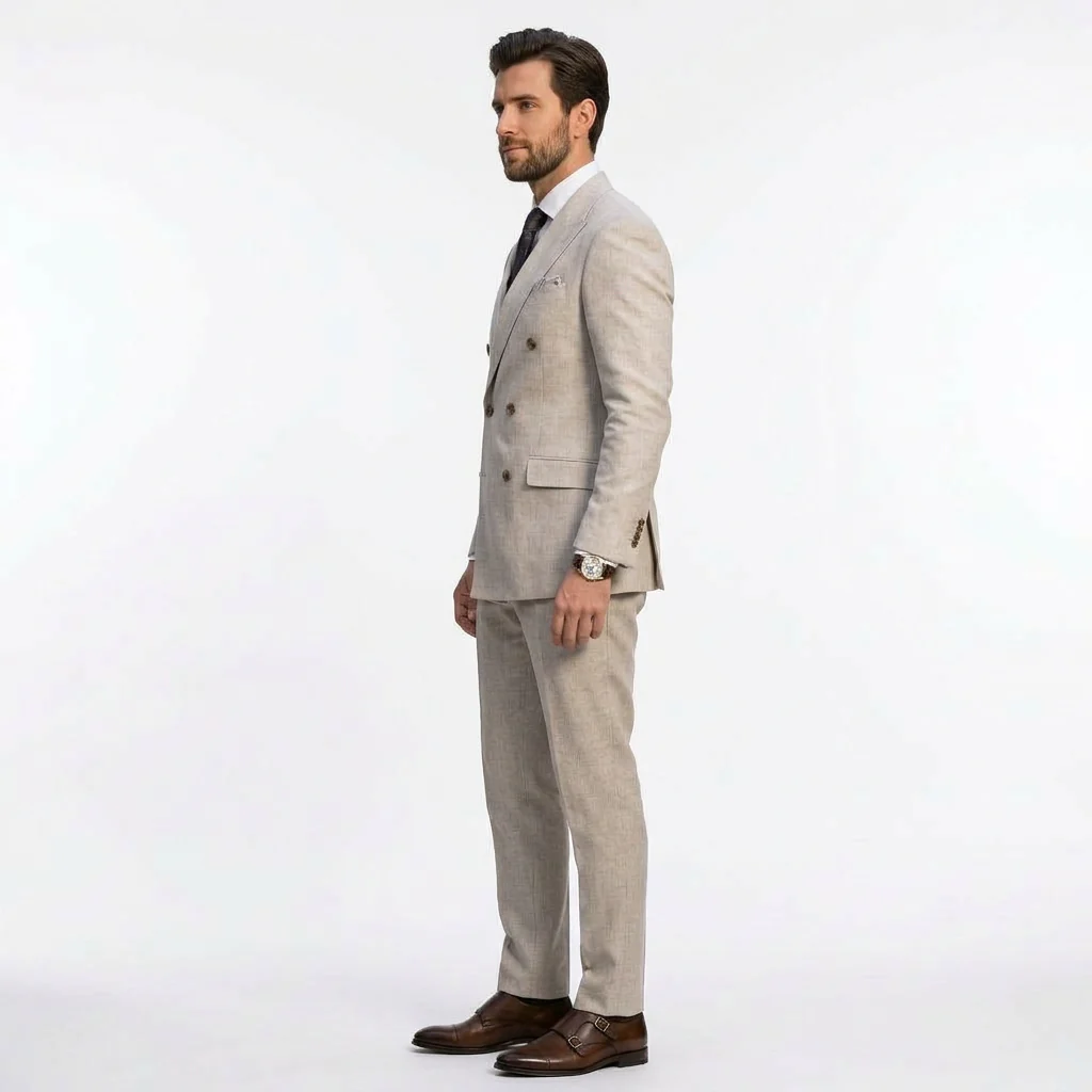 Double-Breasted Extreme Slim Fit Plaid Suit - Beige - Image 3