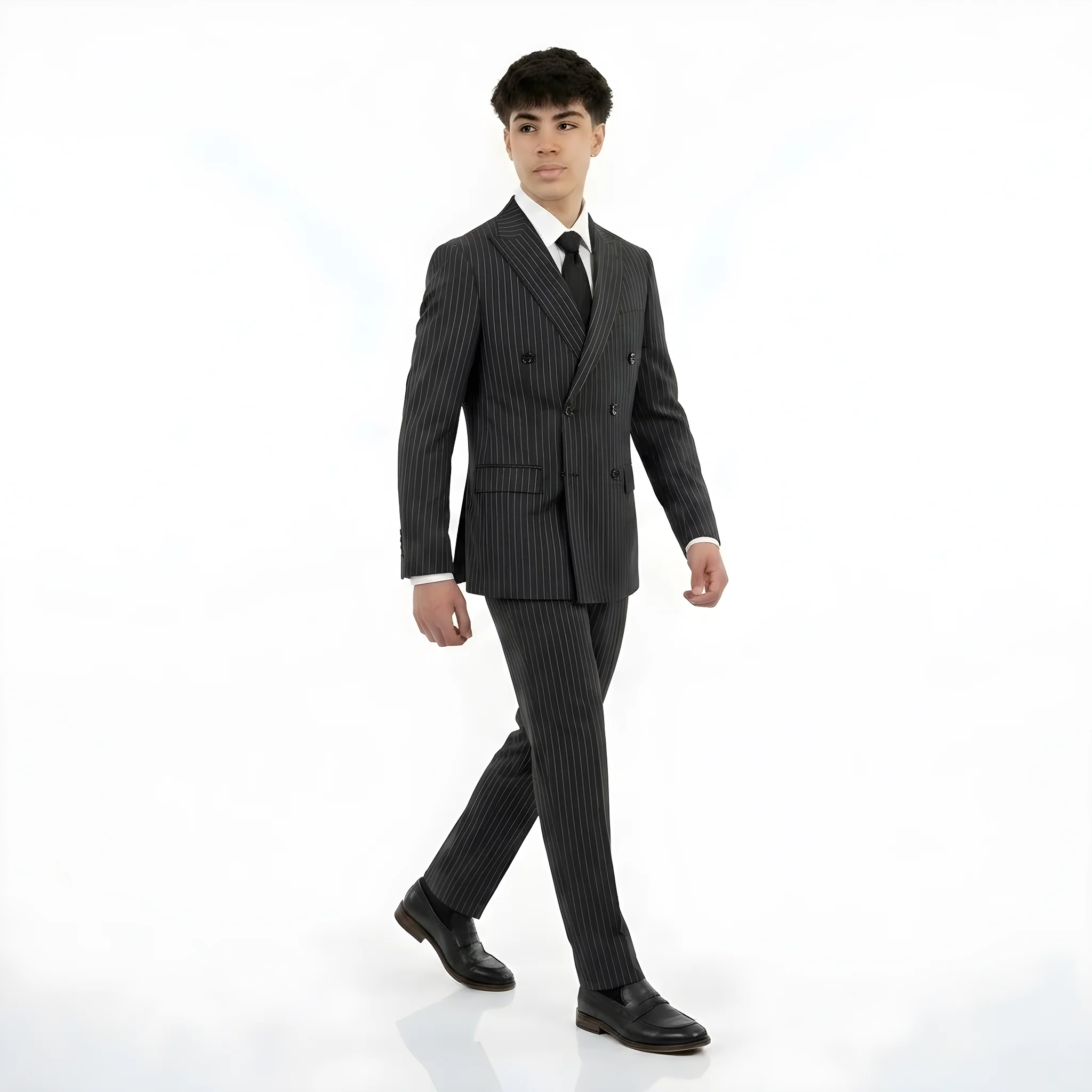 Double-Breasted Modern Slim Fit Narrow Pinstripe Suit - Black - Image 2