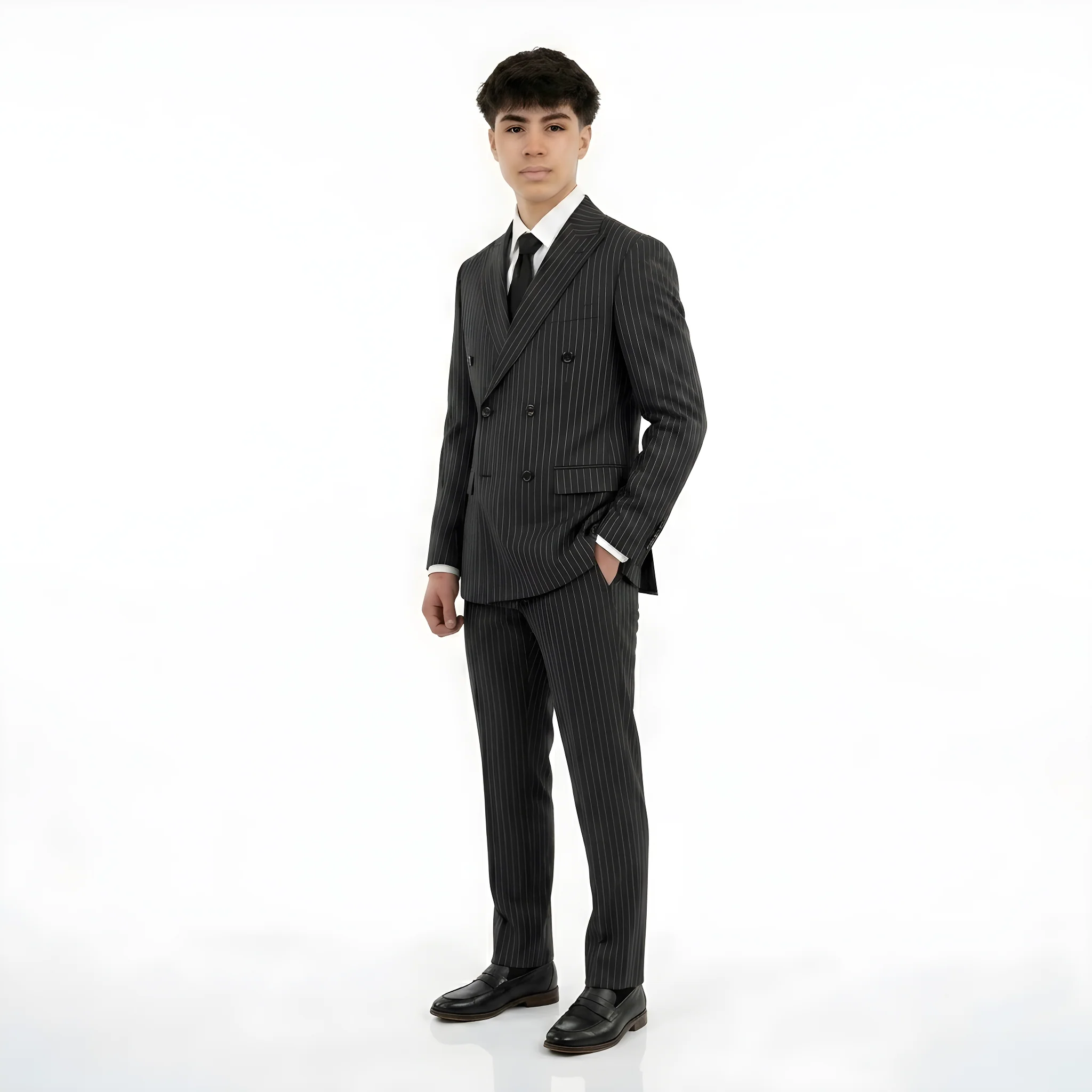 Double-Breasted Modern Slim Fit Narrow Pinstripe Suit - Black - Image 3