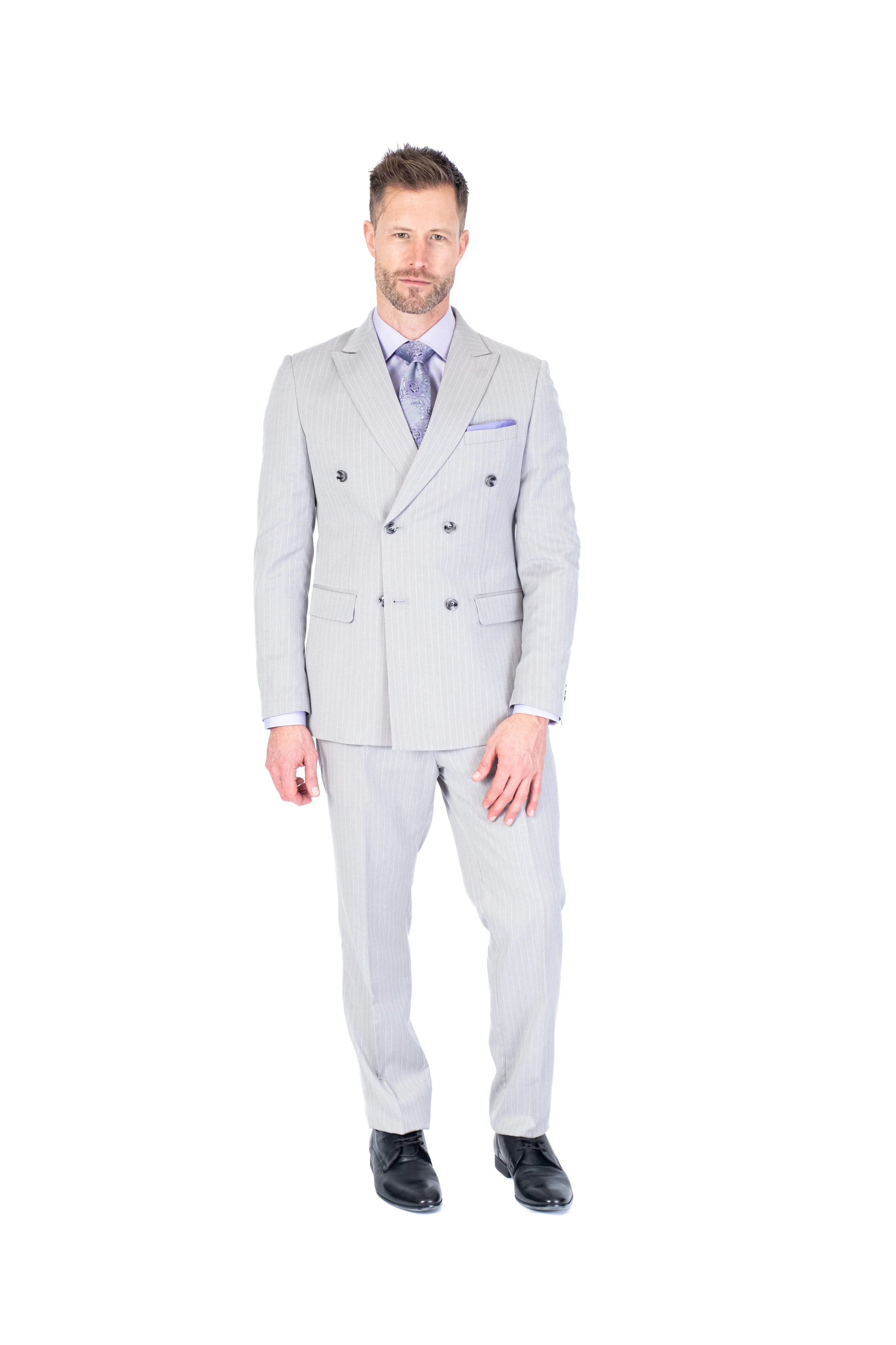 Double-Breasted Modern Slim Fit Narrow Pinstripe Suit - Black - Image 5
