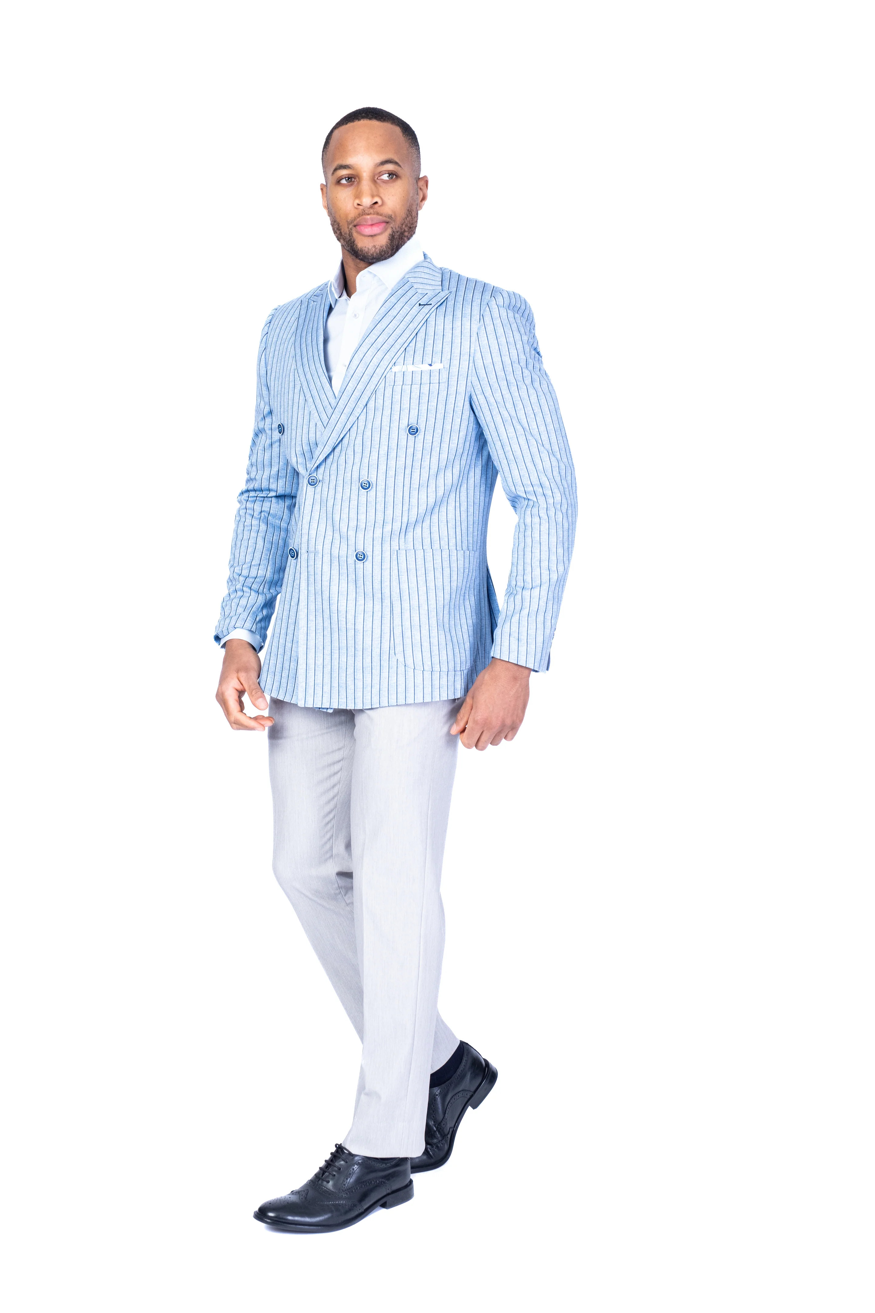 Double-Breasted Stripe Blazer - Blue - Image 3