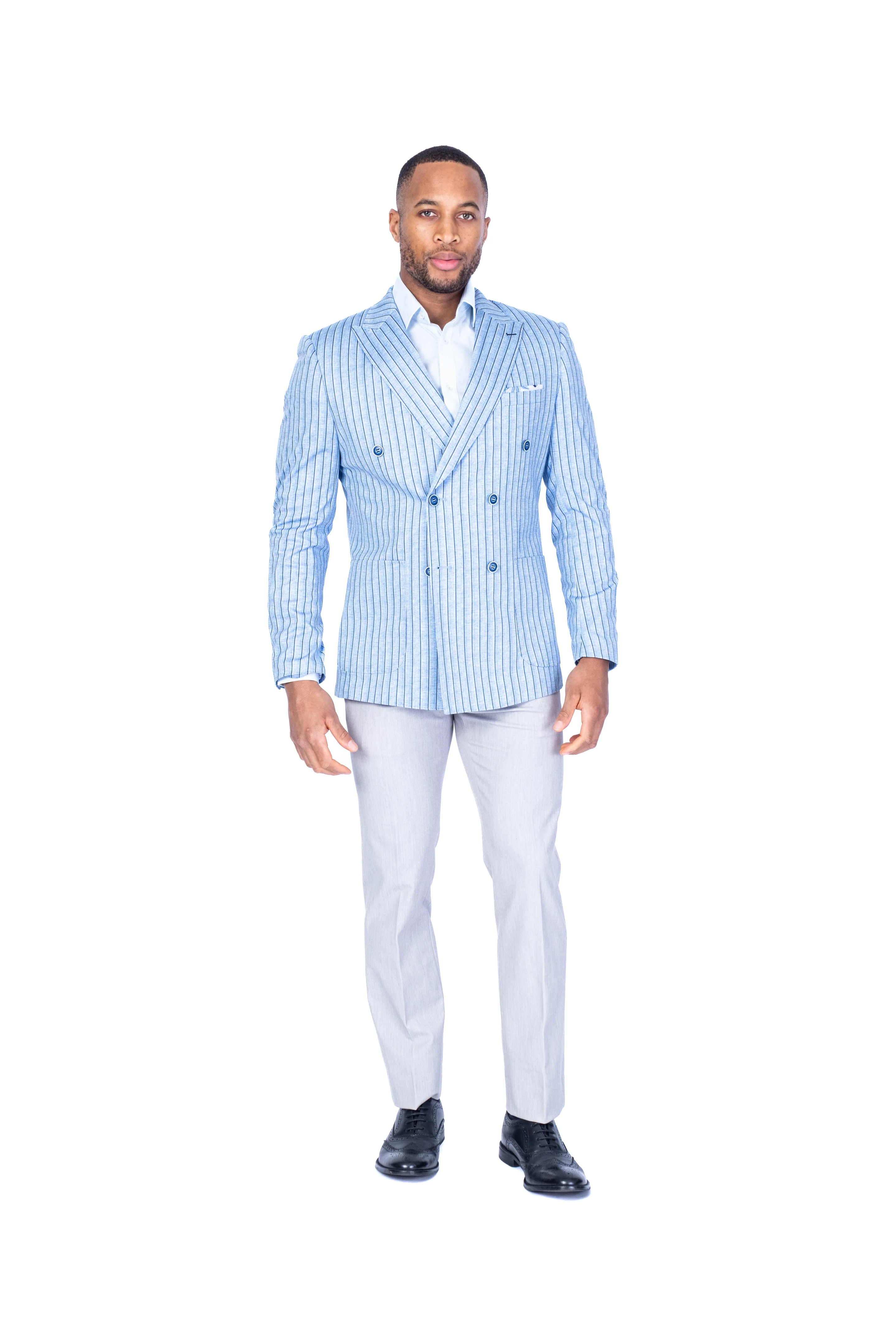 Double-Breasted Stripe Blazer - Blue - Image 4