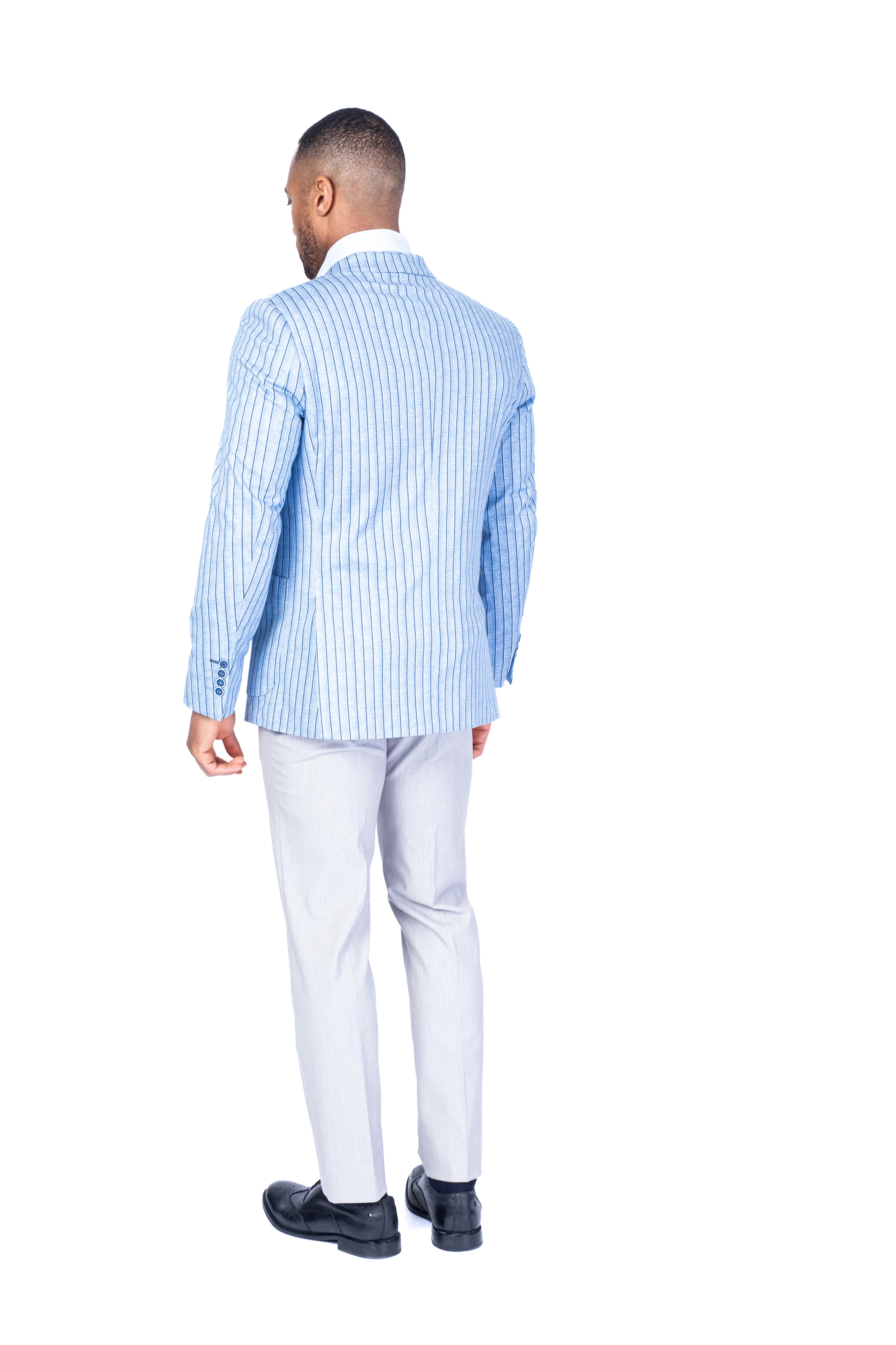 Double-Breasted Stripe Blazer - Blue - Image 5