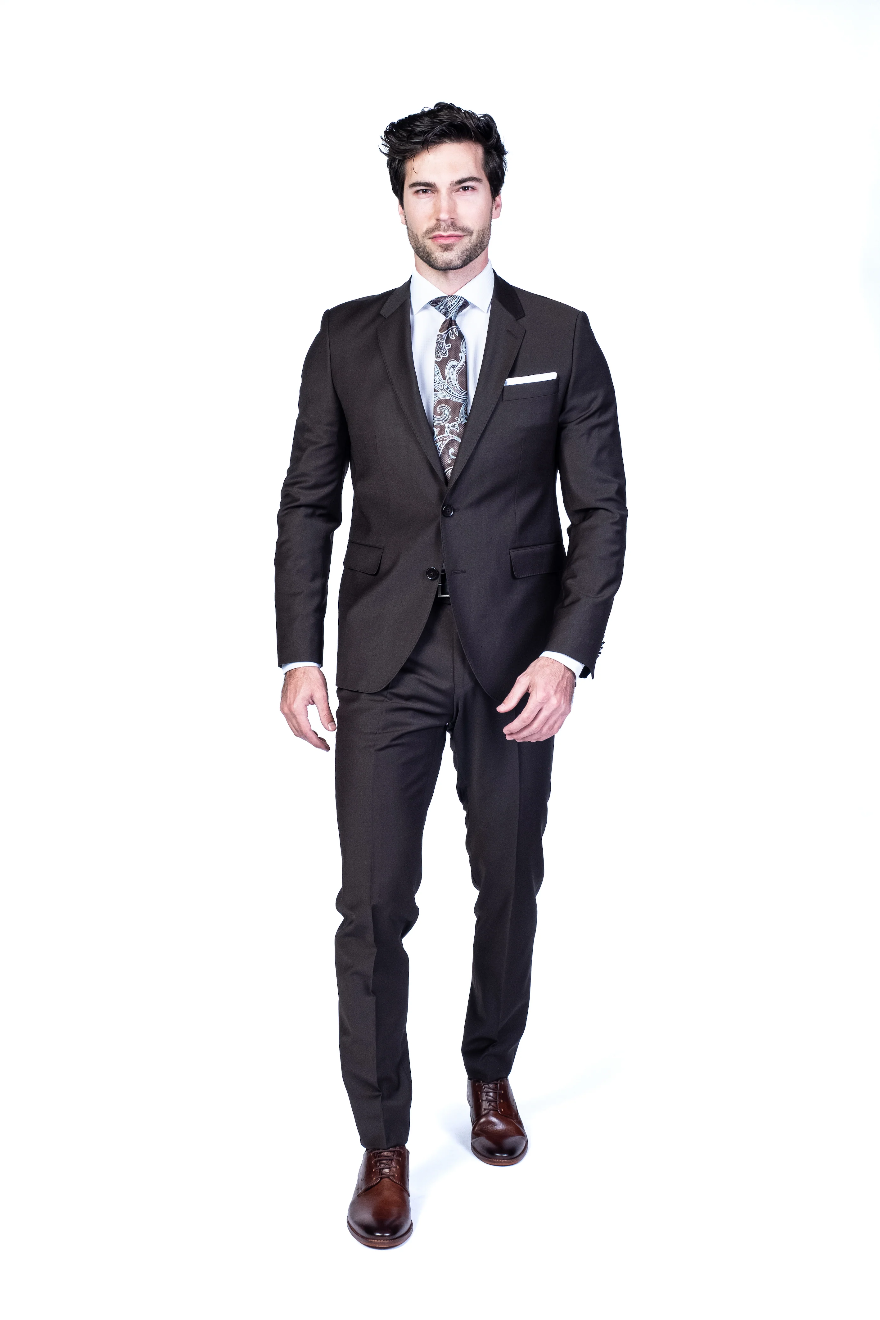 Extreme Slim European Wool Suit - Brown - Image 3