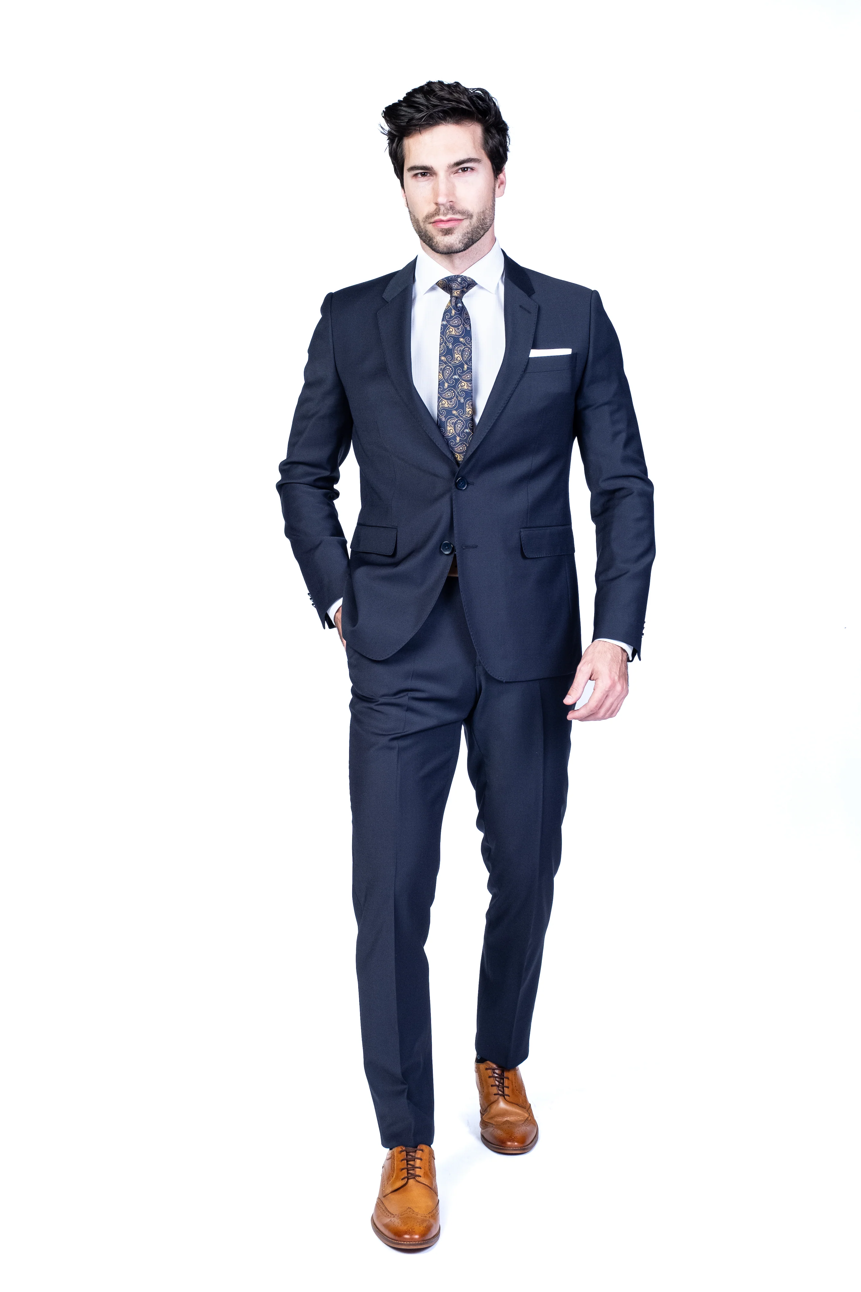Extreme Slim European Wool Suit - Navy - Image 3