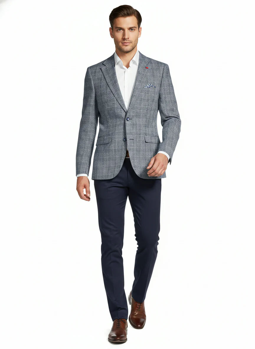 Cotton/Linen Large Check Blazer - Navy - Image 2