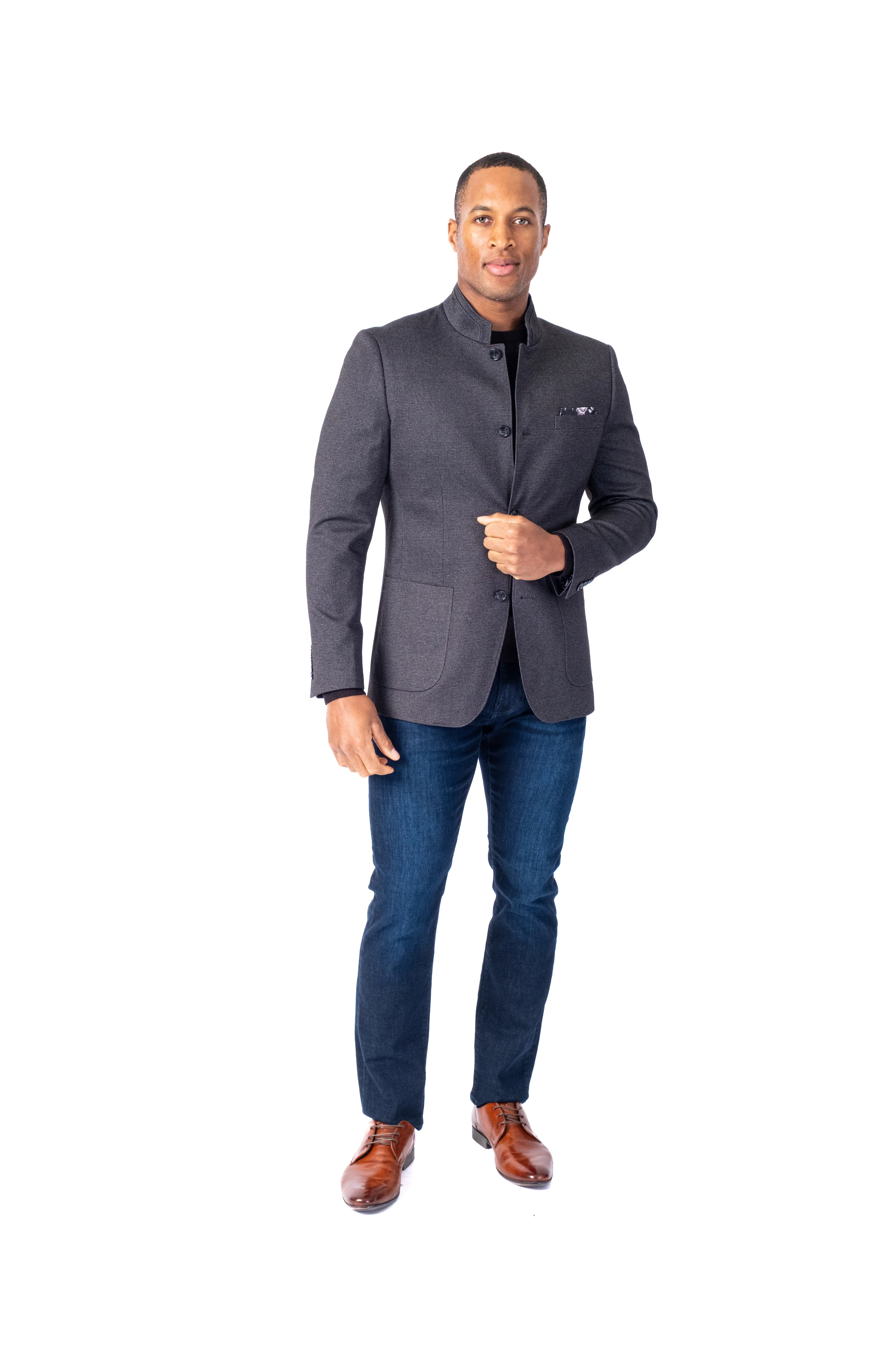 Mandarin Collar Textured Blazer - Grey - Image 3