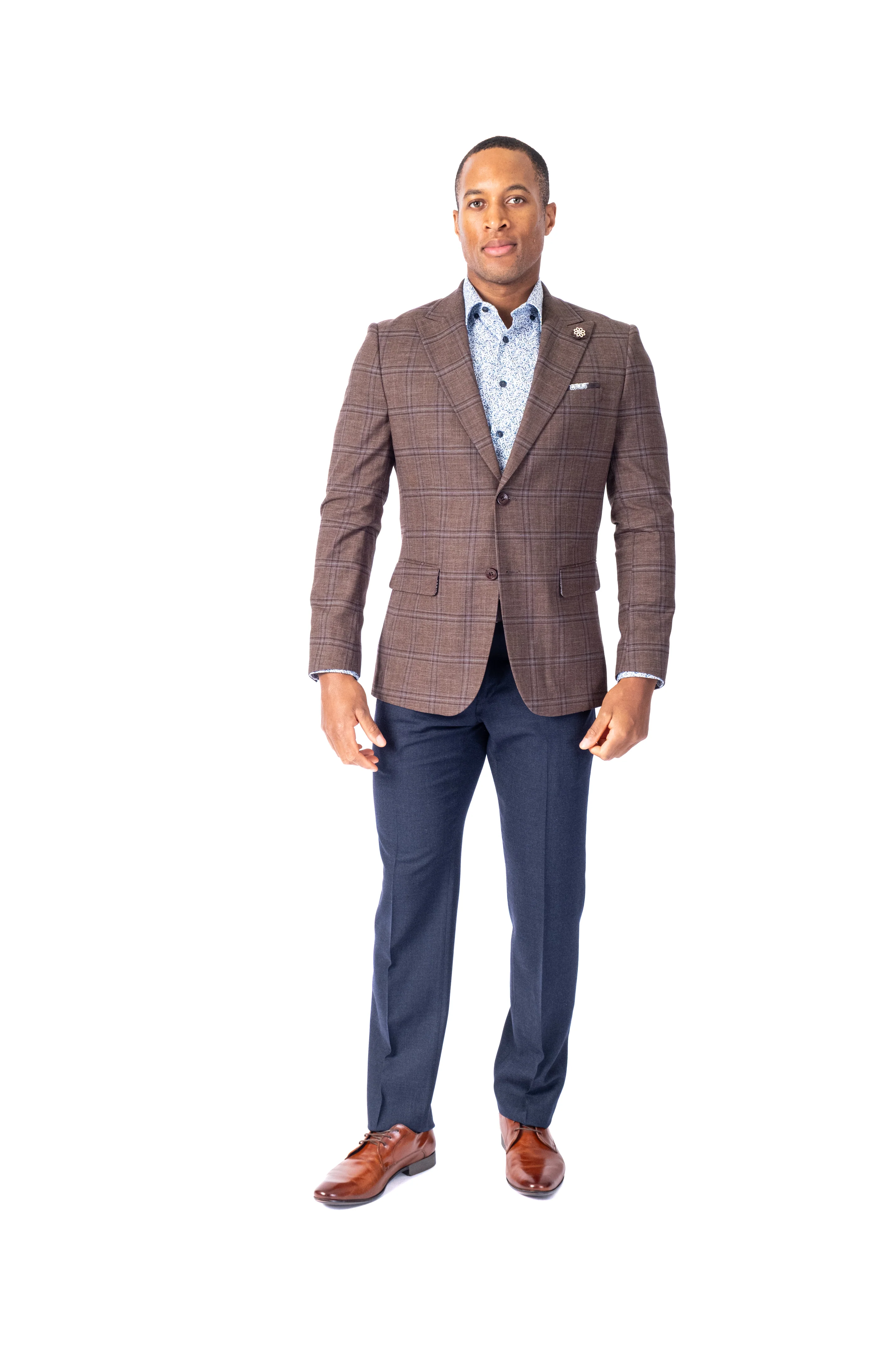 Plaid Peak Lapel Blazer - Brown - Image 3