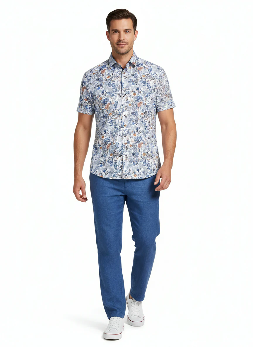 Short-Sleeve Cotton/Stretch Floral Sport Shirt - Blue - Image 3