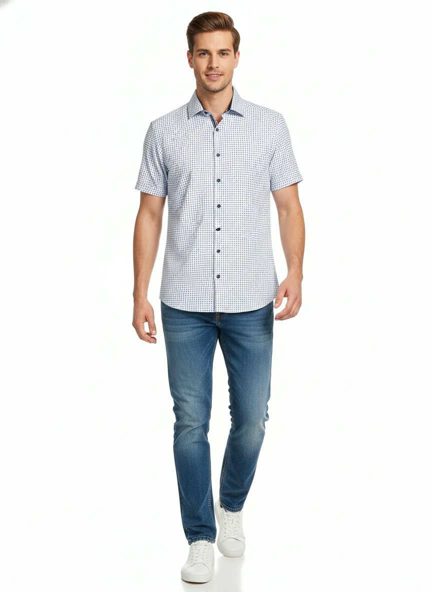 Short-Sleeve Micro/Stretch Circle Print Sport Shirt - Navy - Image 3