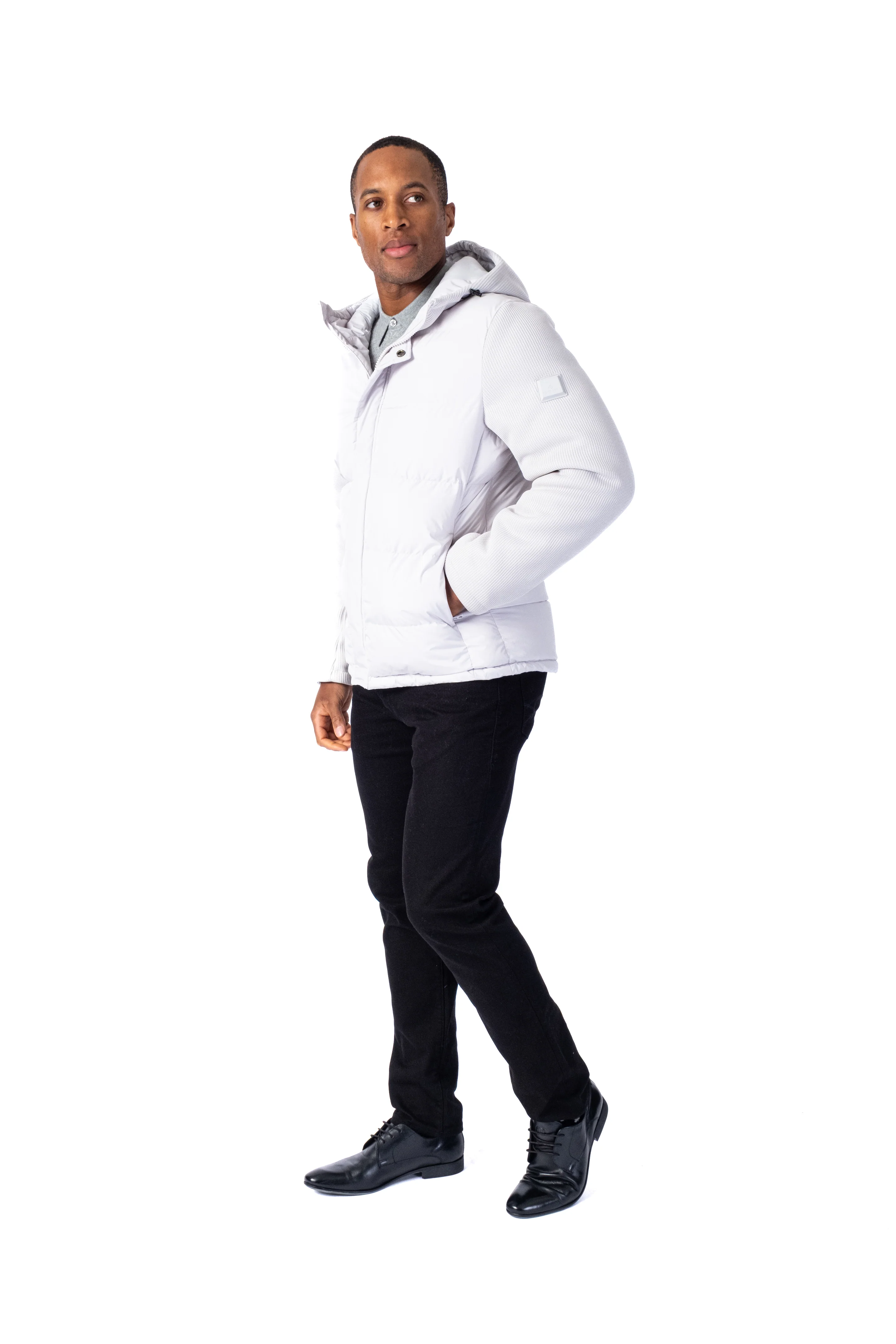 "Tobias" Quilted Puffer Jacket Knit Sleeve - White - Image 3