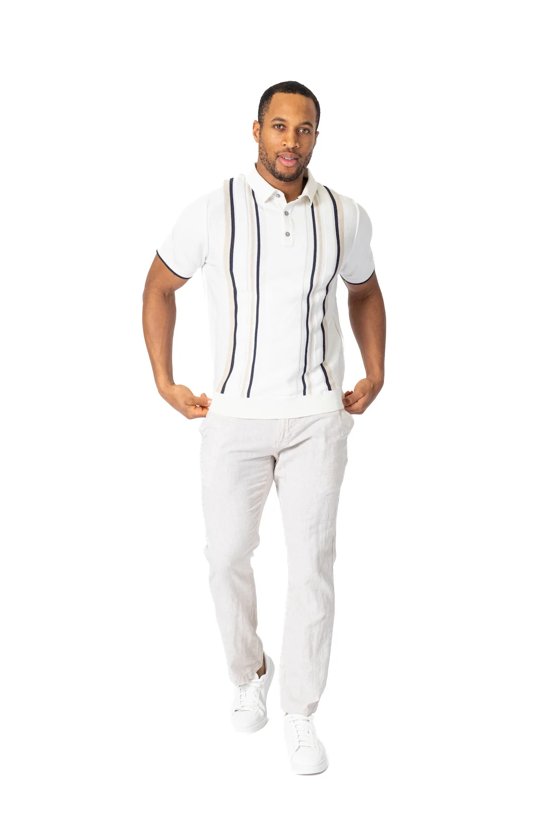 Vertical Stripe Cotton Knit Polo - Ivory - Image 2