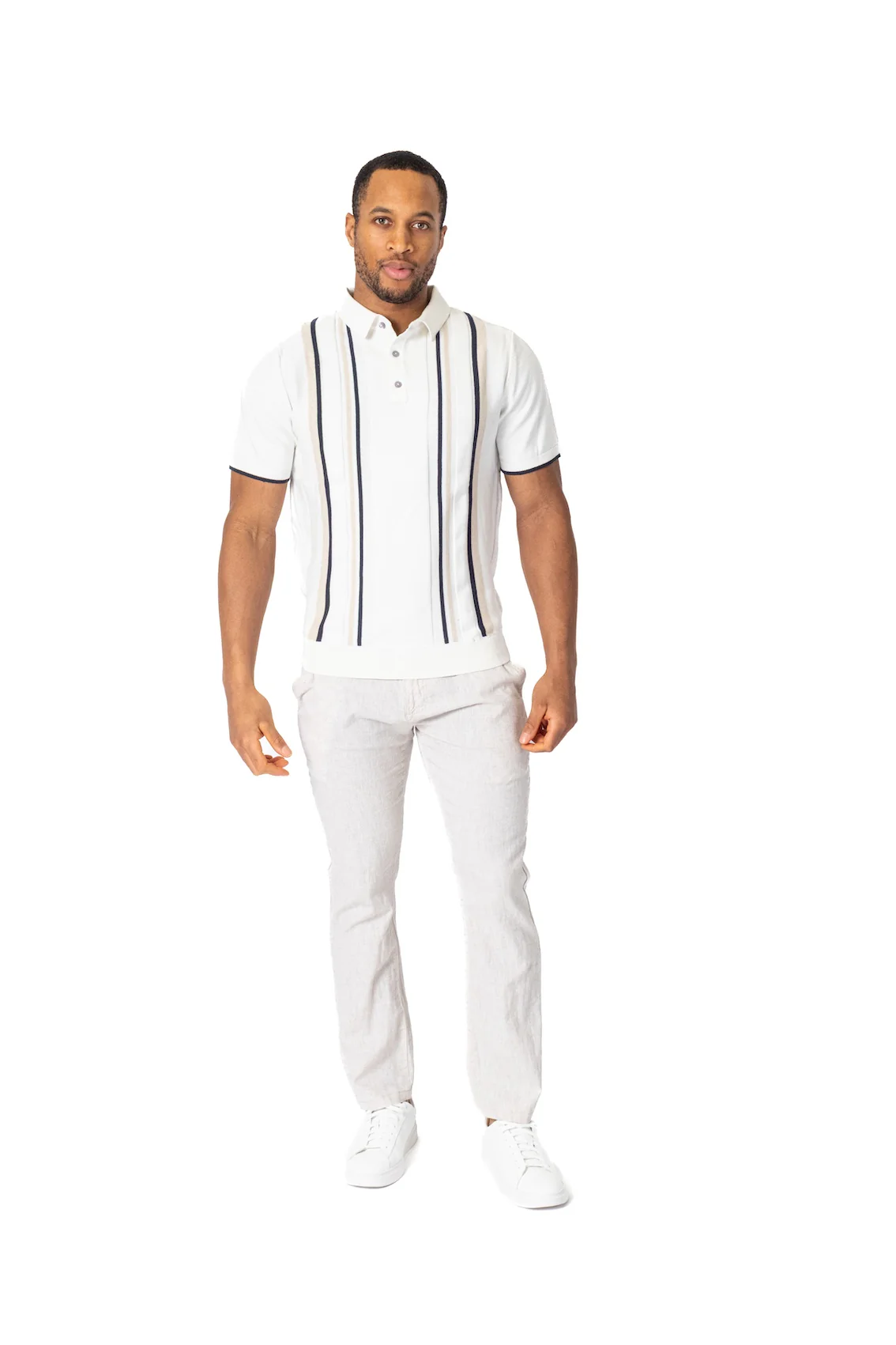 Vertical Stripe Cotton Knit Polo - Ivory - Image 3