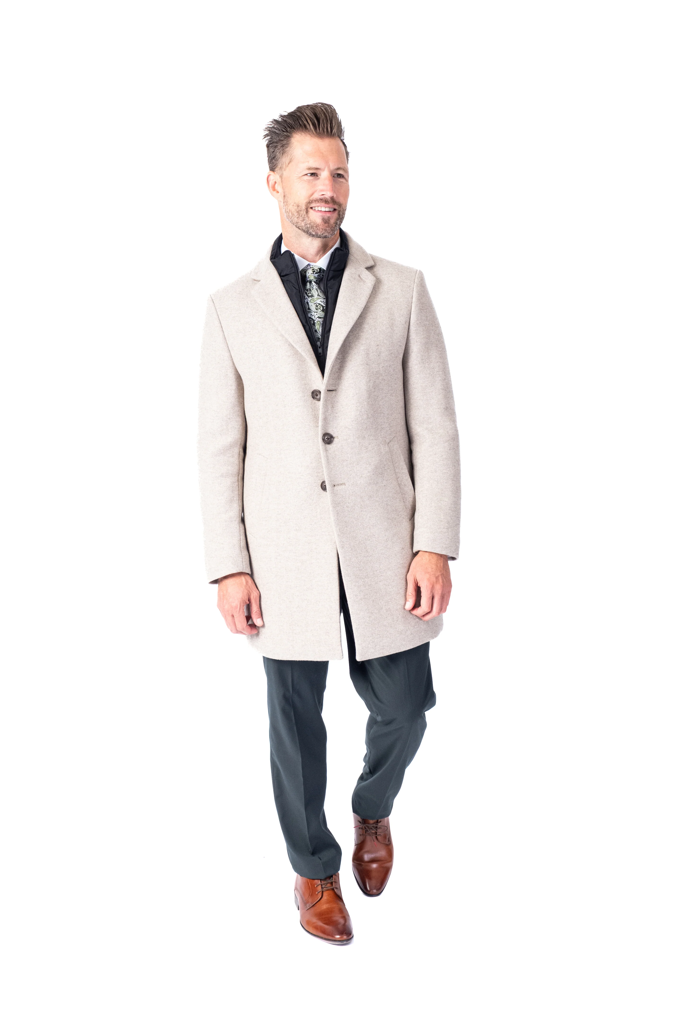 Wool 36" Double-Collar Twill Topcoat - Beige - Image 3