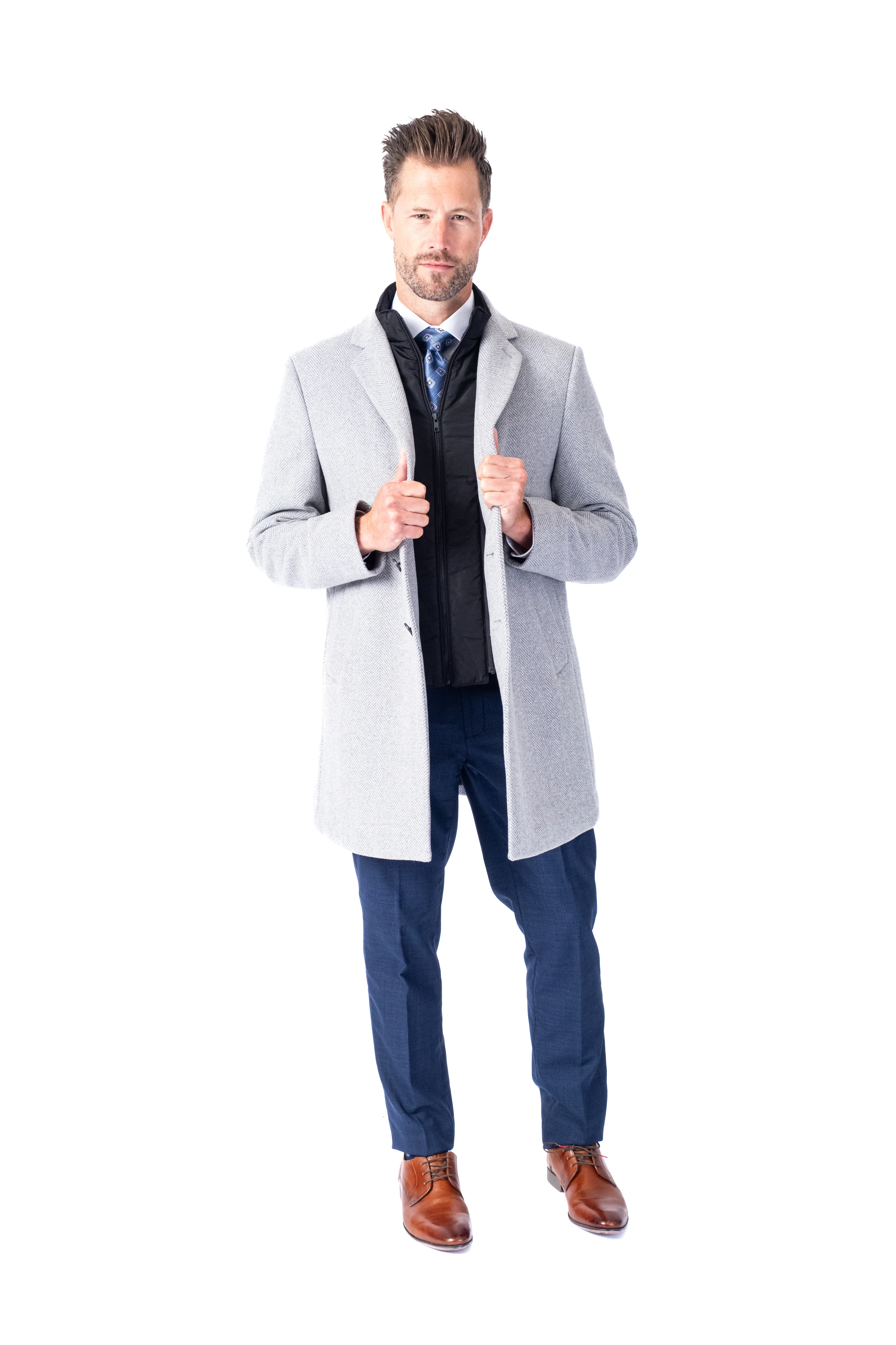 Wool 36" Double-Collar Twill Topcoat - Light Grey - Image 3