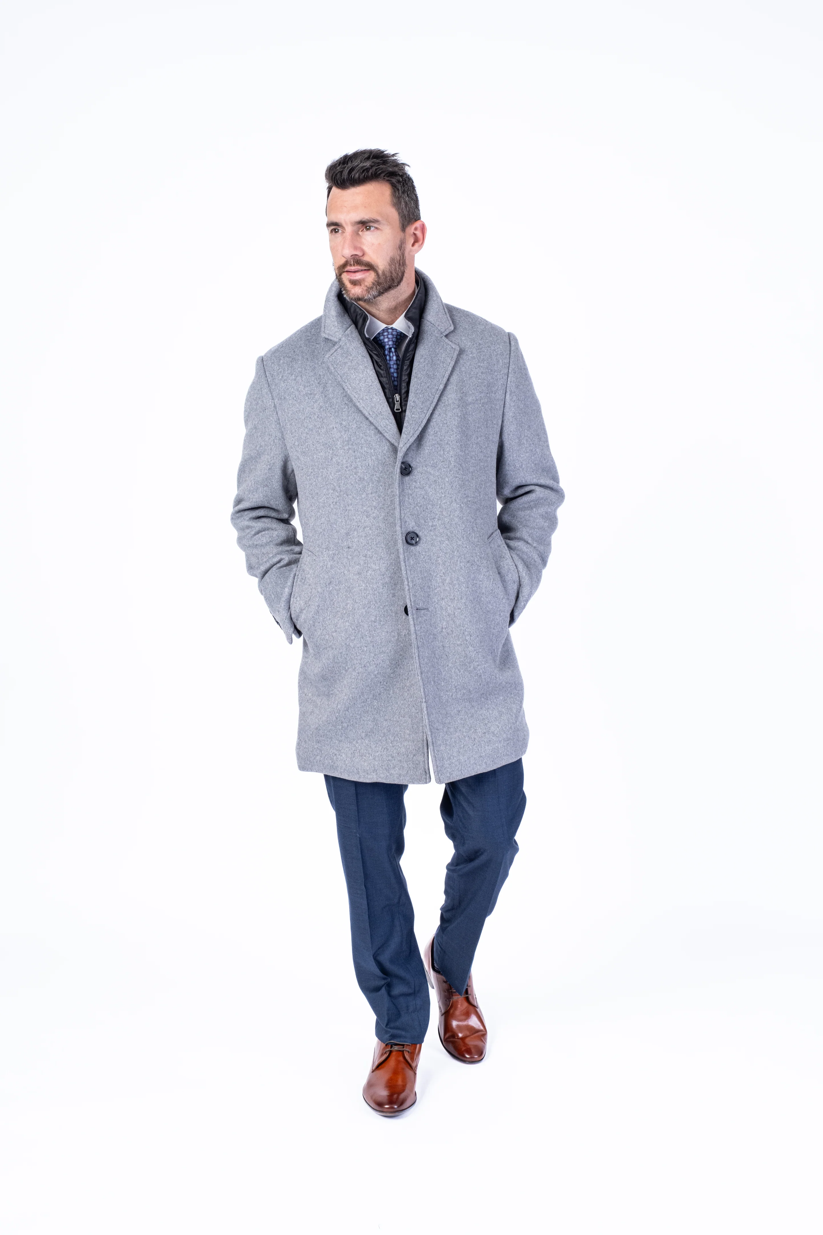 Wool & Cashmere 3/4 Double-Collar Topcoat - Silver - Image 4