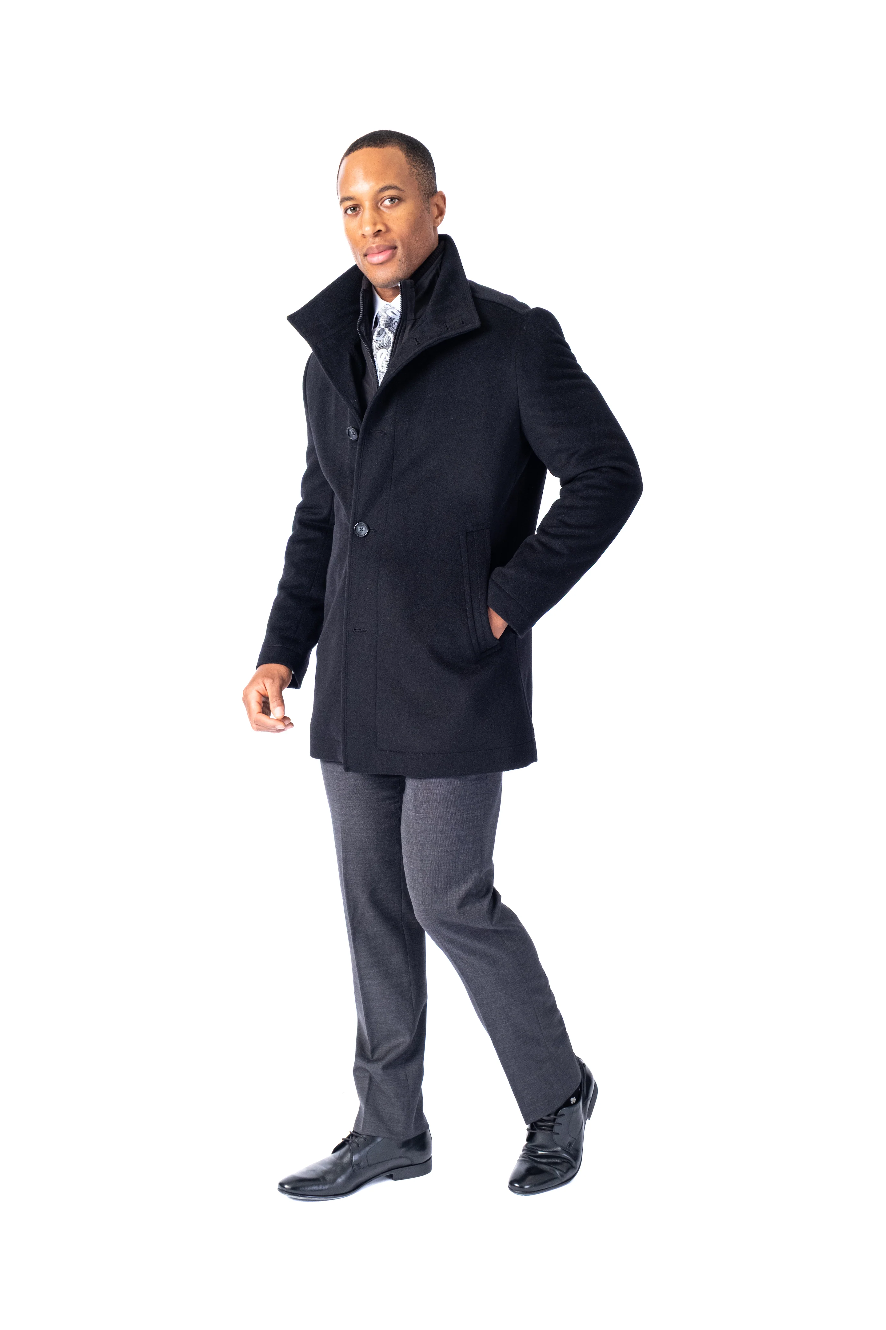 Wool/Cashmere Stand Up Collar Topcoat - Black - Image 3