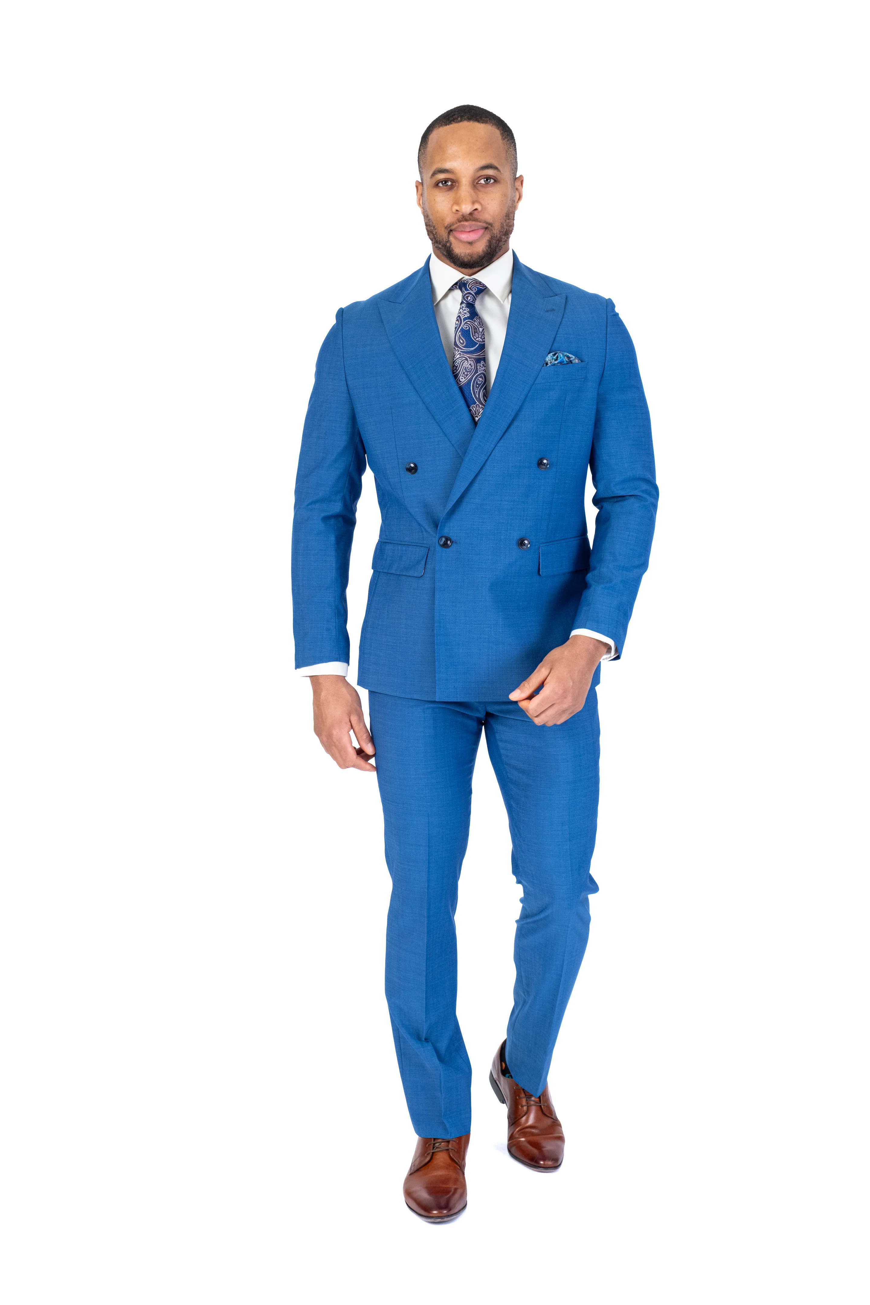 X-Fit Solid Stretch Double-Breasted Suit - Blue - Image 2