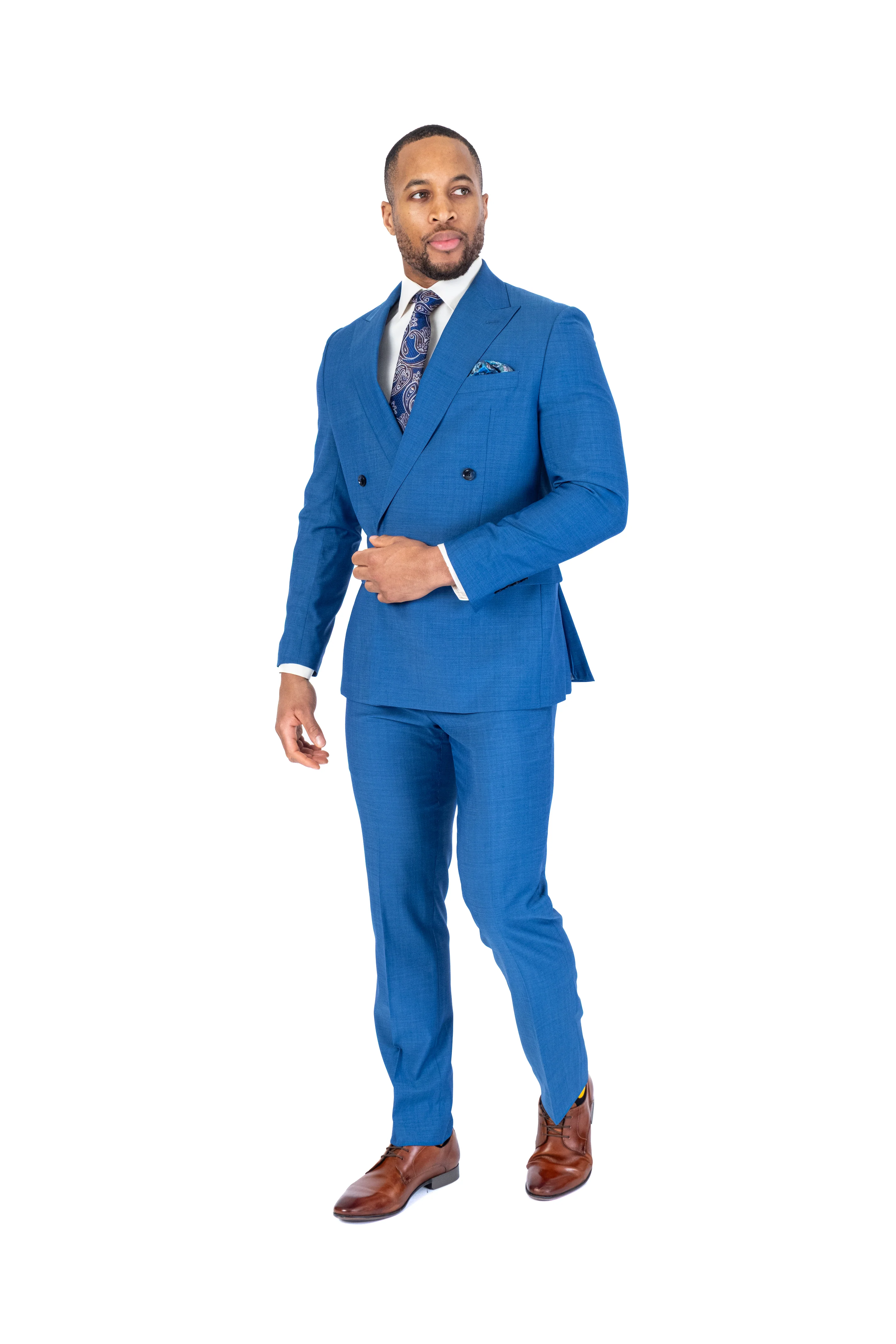 X-Fit Solid Stretch Double-Breasted Suit - Blue - Image 3